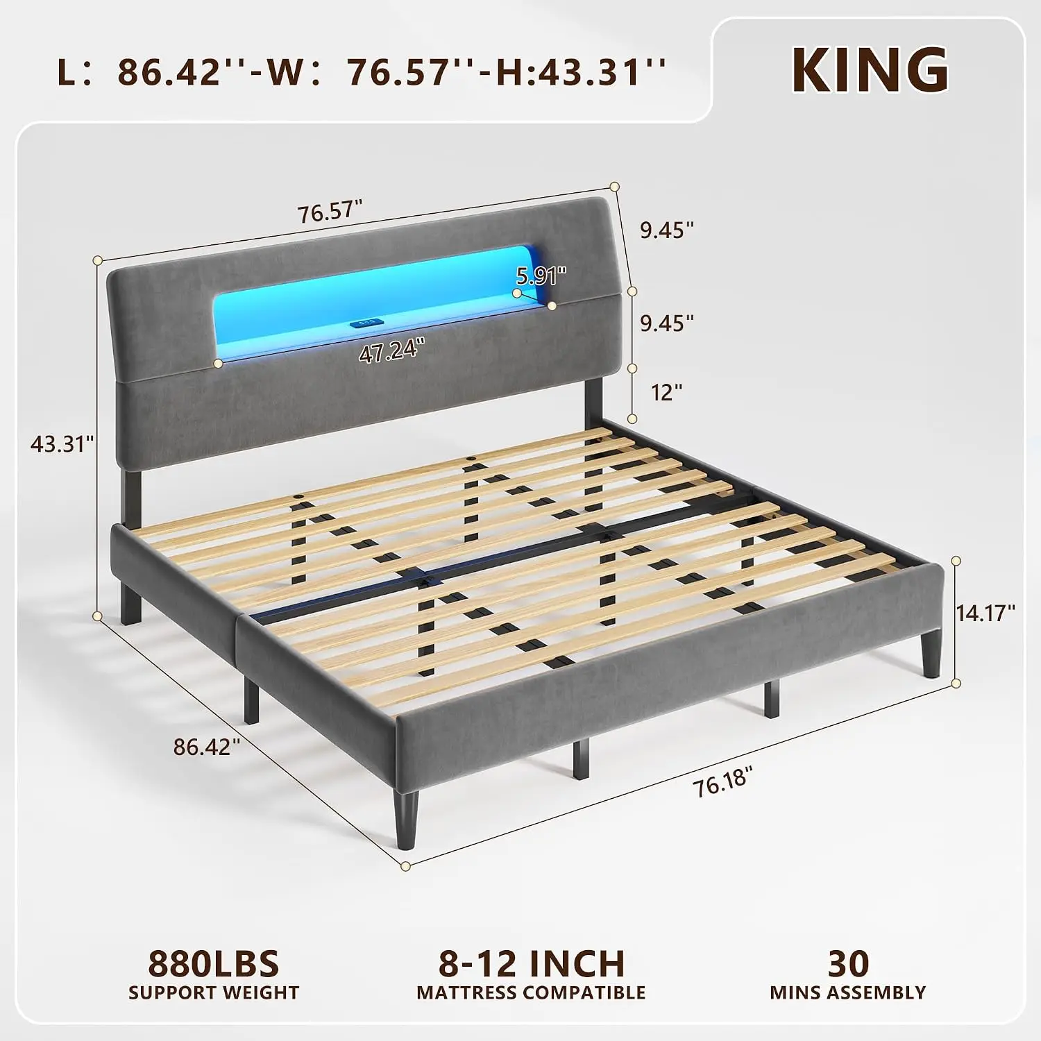 King Bed Frame Storage Headboard LED USB Shelf Velvet Platform No Box Spring 12.8in Clearance Customized