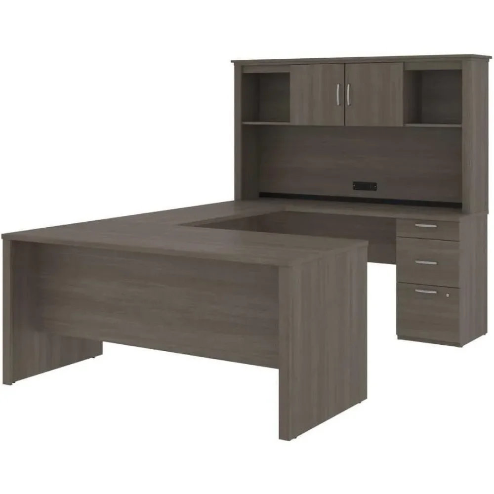 

U-Shaped or L-Shaped Executive Desk with Base and Cabin, Tabletop Workstation for Individual Home Workspaces, 66W, Bark Grey