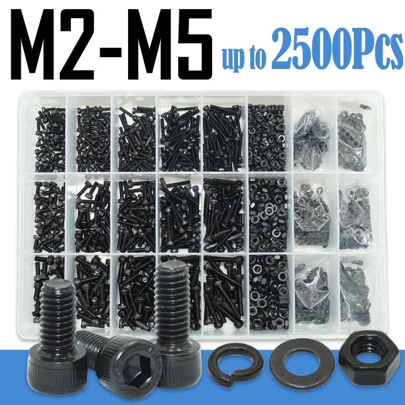 

up to 2500p Allen Hexagon Hex Socket Head Cap Screw Nut Washer Kit 12.9 Grade Alloy Steel M2 M2.5 M3 M4 M5 M6 Furniture Car Bolt