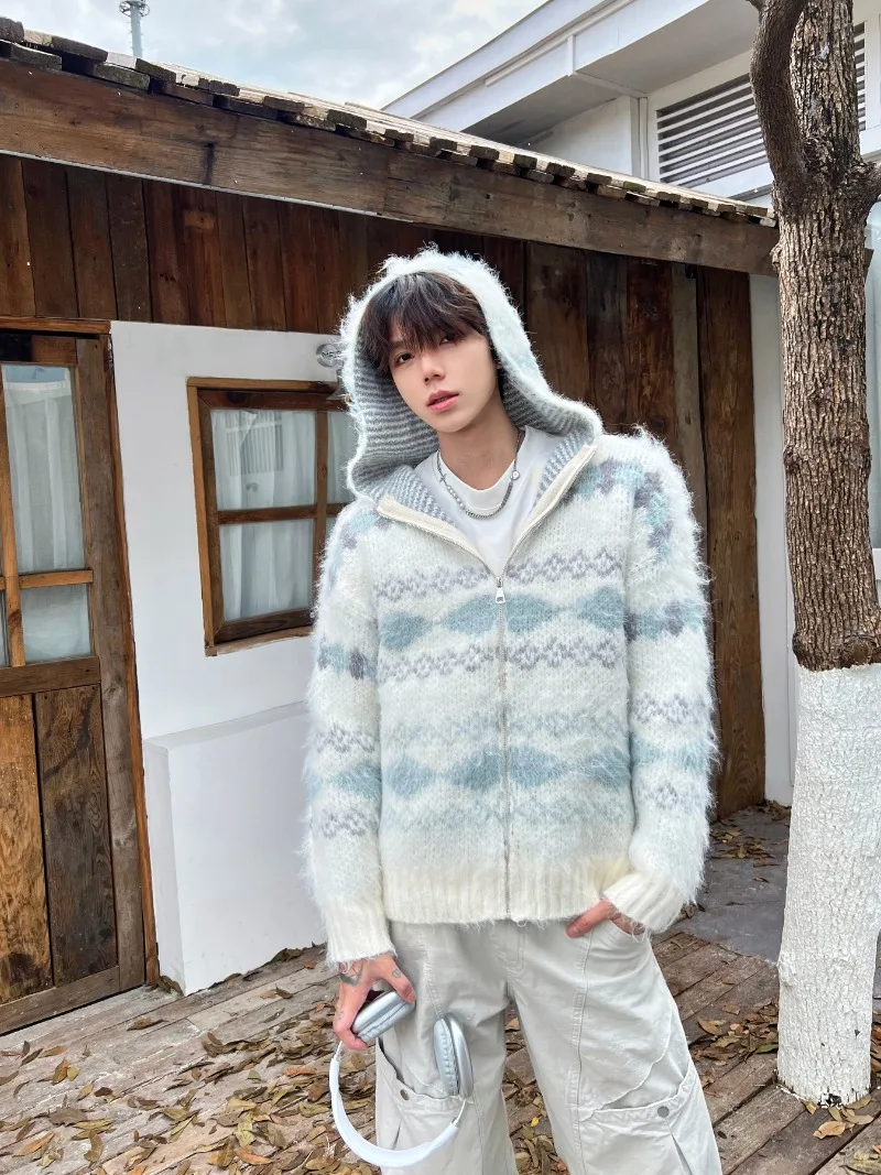 النمط الياباني INS الأزياء مقنعين سترة محبوكة سترة الخريف الشتاء الرجعية سميكة معطف أعلى للجنسين #4