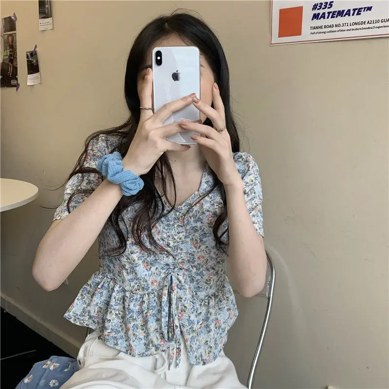 Clothing Short Sleeve Cute Women\'s Shirts and Blouses Kawaii Top for Woman Crop Floral with Bow Korean Style Modern Long Pretty