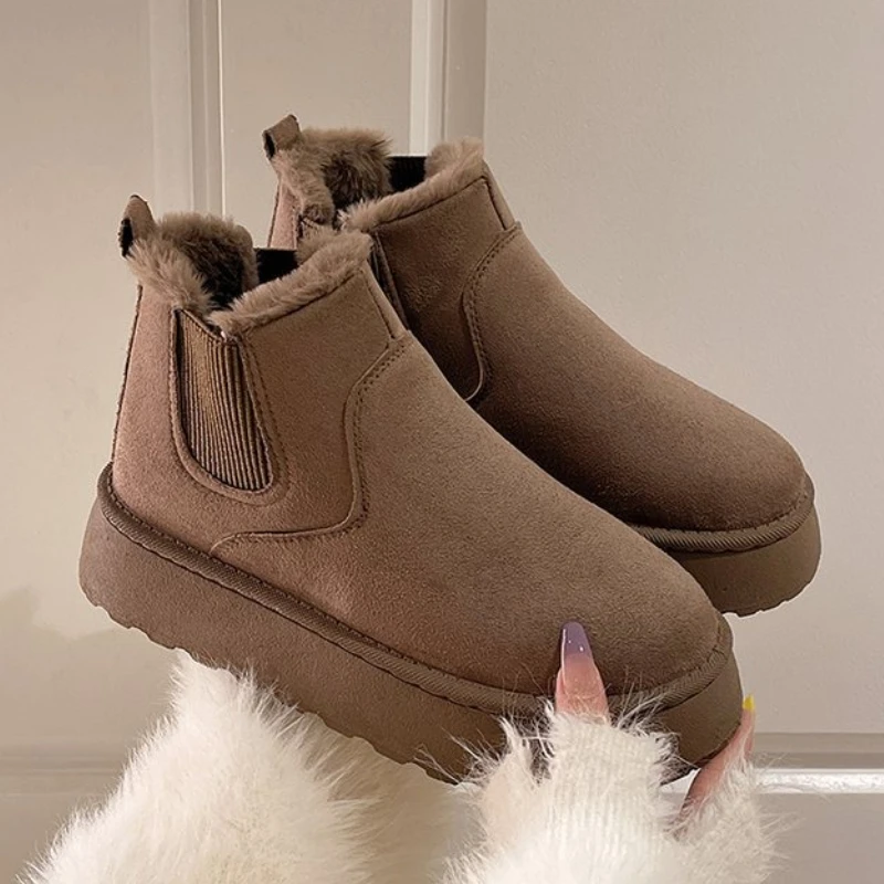 

Большие размеры 44, зимние зимние ботинки для женщин, короткие ботинки для отдыха, мягкая плюшевая обувь без шнуровки на толстой подошве, женские ботильоны