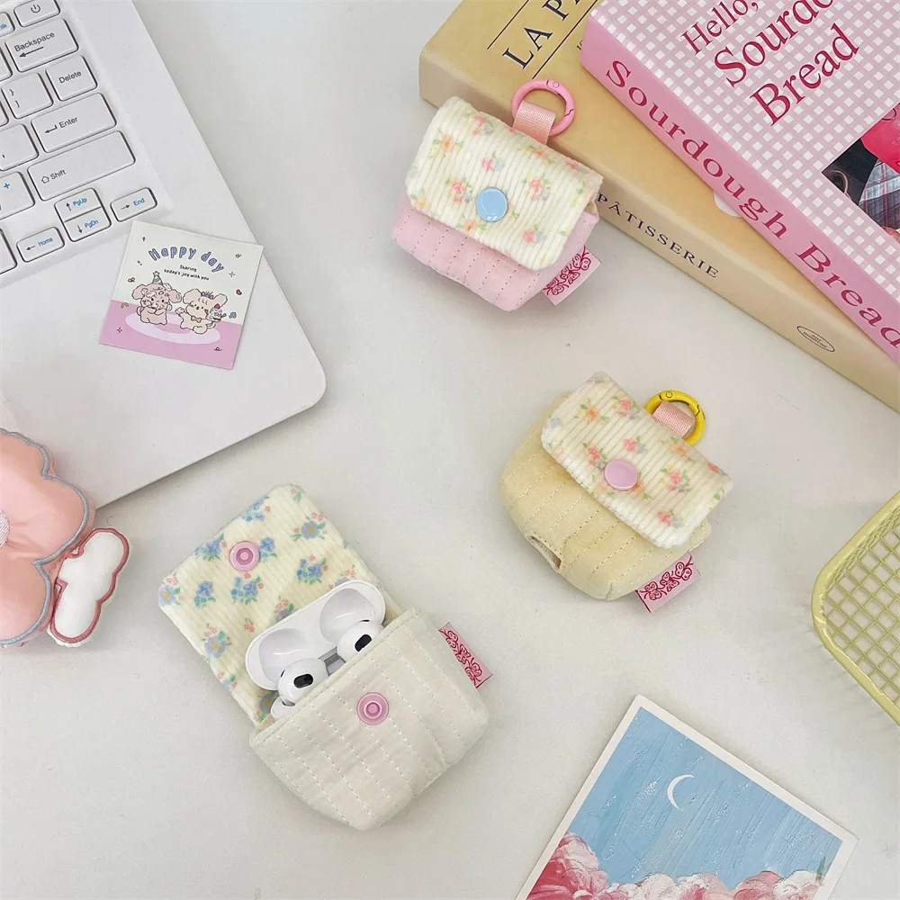 Floral Print Snap Button Earphone Pouch Cute Color Block Fabric Mini Earbuds Storage Bag with Keychain Travel Earbuds Organizer