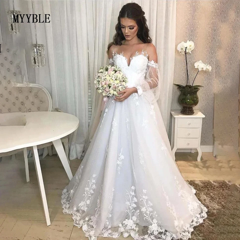 Plus Size Trouwjurk Lange Mouw Kant Applicaties Custom Made Voor Vrouwen Wit Tulle Robe De Mariee A-lijn Charmante Bridal gown