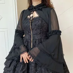 Gothic Lolita Cardigan Blouse Women Loose Puff Sleeve Lace Patchwork Black Cropped Shirts Japanese Harajuku All Match Capes Top