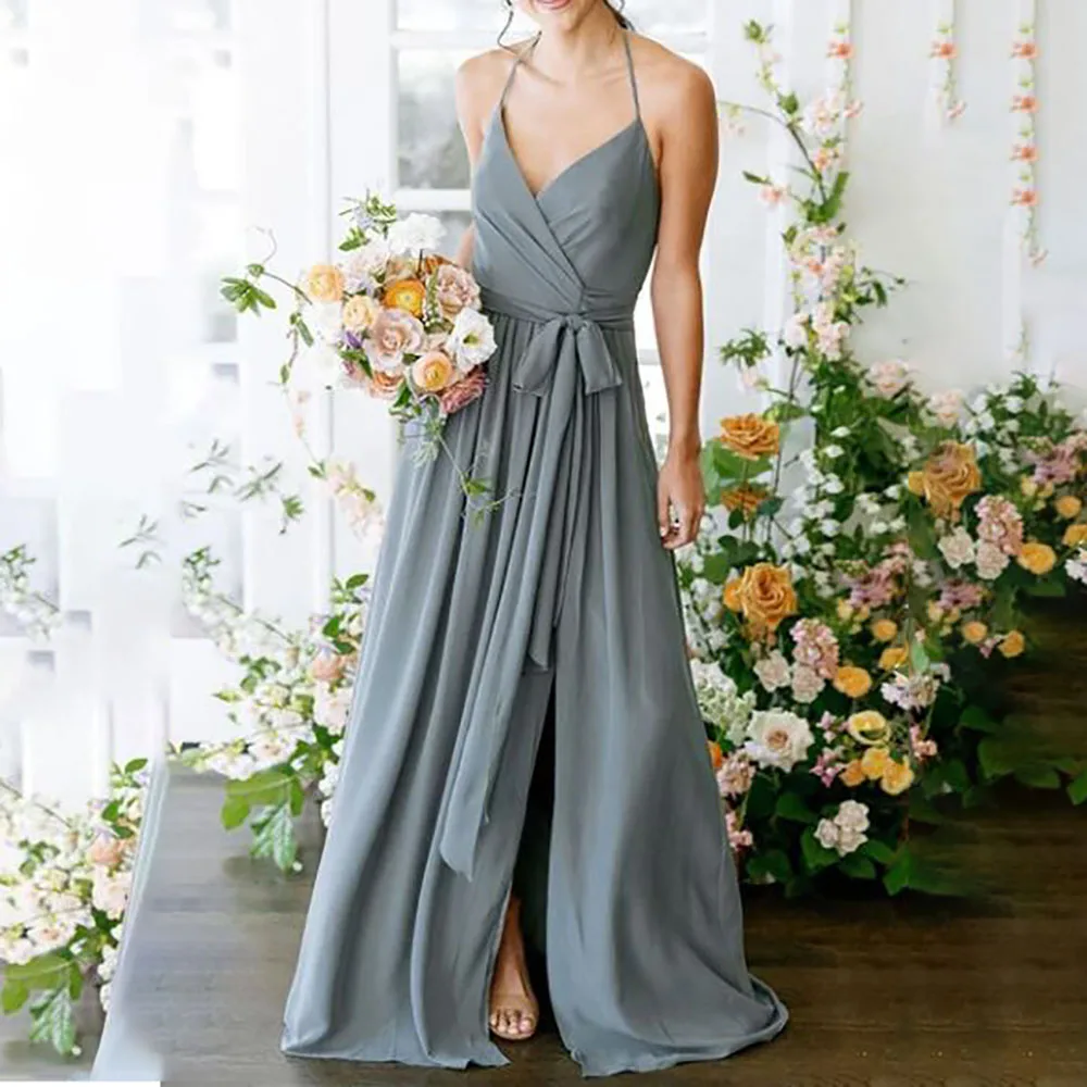 A-Line Chiffon Satin Halter Empire Neckline Sleeveless Backless Ribbon Bow Sweep Train Slit Bridesmaid Dress