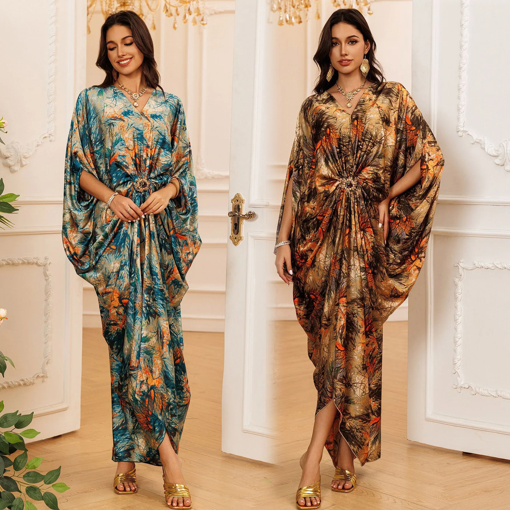 Robe caftan de fête pour femmes, Robe marocaine de Dubaï à imprimé complet, col en V froncé sur le devant, vêtements islamiques Ramadan Eid, Robe arabe