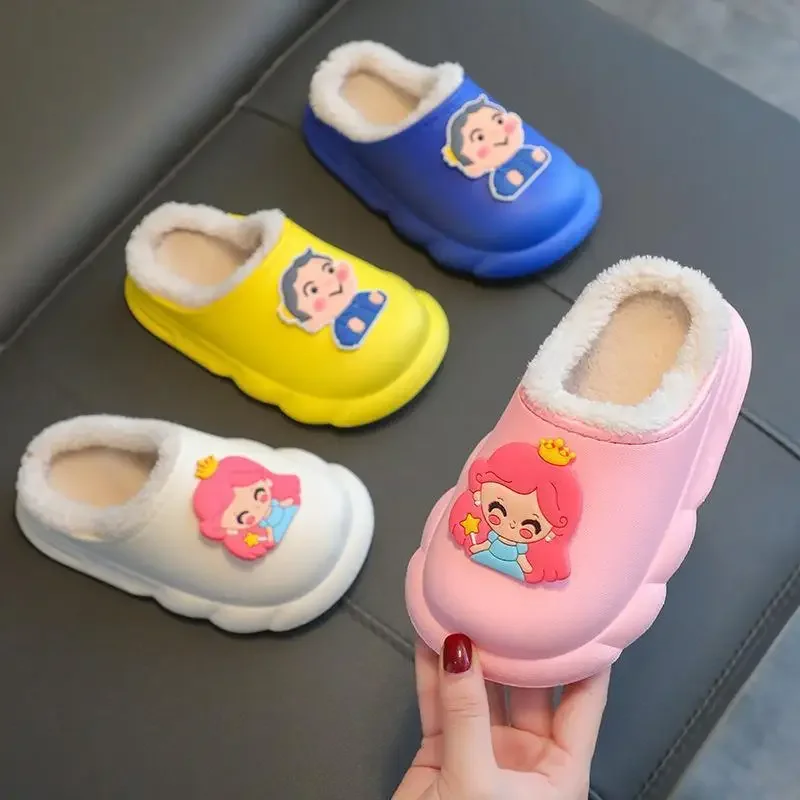 

Children Winter Cute Cotton Slippers Girls Fleece Outer Wear Waterproof Cartoon Princess Cotton Shoes Boys Indoor Warm Slippers