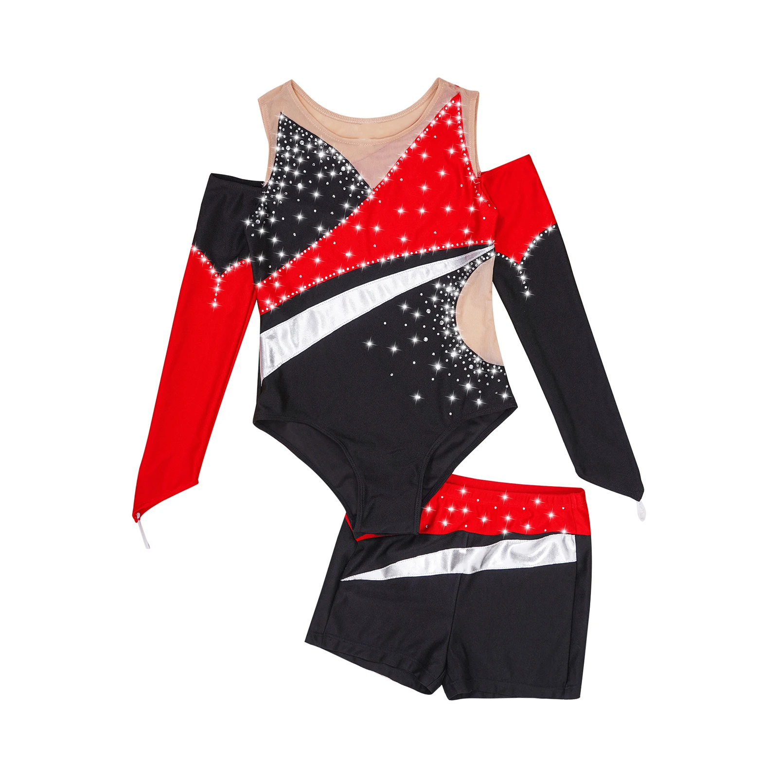 Kids Girls Figure Skating Dance Clothes Long Sleeve Shiny Rhinestone Leotards with Shorts Ballet Rhythmic Gymnastics Outfits