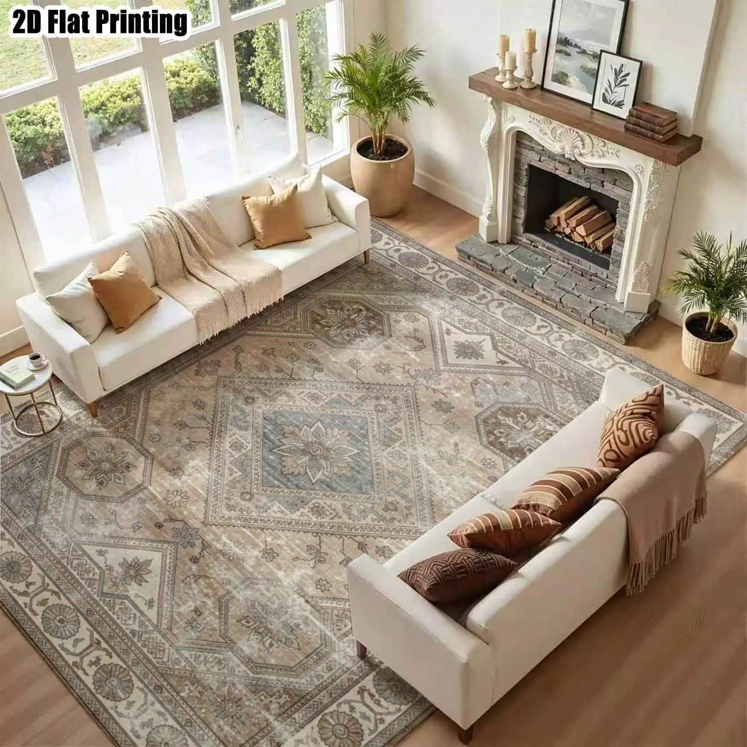 1Pc 2D Printed Carpet: Light Brown & Blue-Gray Retro Persian Pattern, European Vintage Style, Multi-Size Machine Washable, for Home Decor, Entrance/Dining/Bedroom/Study/Living Room