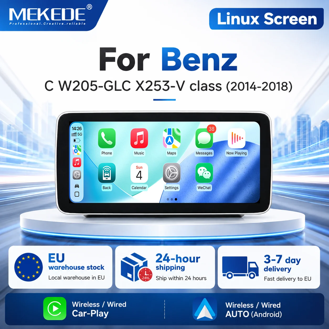 MEKEDE Linux-System Autoradio-Bildschirm für Mercedes Benz C-Klasse W205 GLC X253 V W446 NTG5.0 Intelligenter Multimedia-Player Kabelloses und kabelgebundenes CarPlay Android Auto EU-Lager