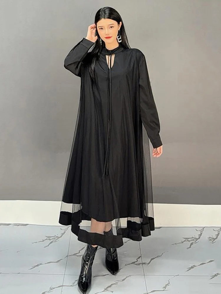 SHENGPALAE Casual V Neck Dress Women Full Sleeve A Line Irregular Hem New 2024 New Loose Female Fashion Long Dresses 5C1560