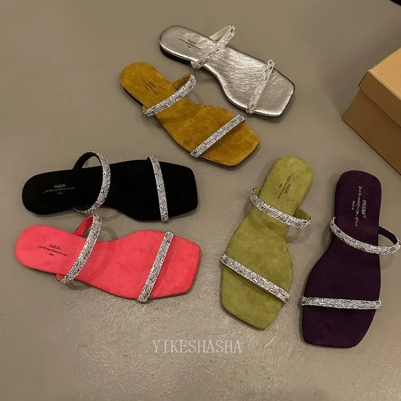 2024 Summer Designer Square Toe Women Slippers Fashion Rhinestone Narrow Band Flats Slides Outdoor Casual Office Lady Sandals