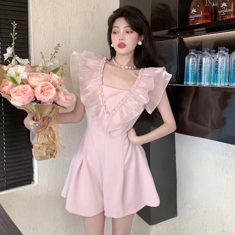 

Black Jumpsuits For Women V Neck Ruffle Sleeve High Waist Short Pants Female 2023 Summer Streetwear Fashion