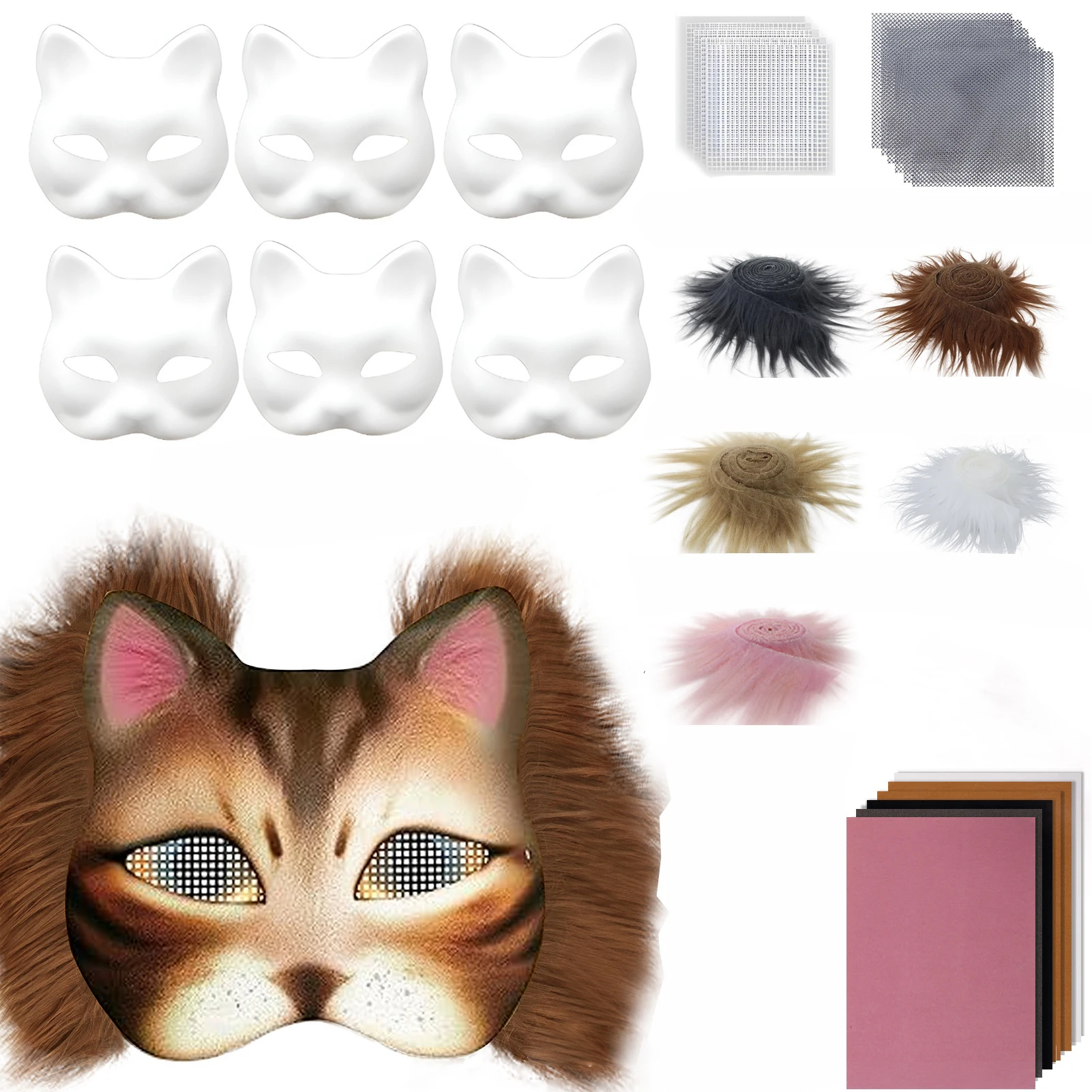 Paper Cat Mask Making Set For Cosplay Halloween 6 Pcs Fur Blank Masks With Fabric And Eye Mesh