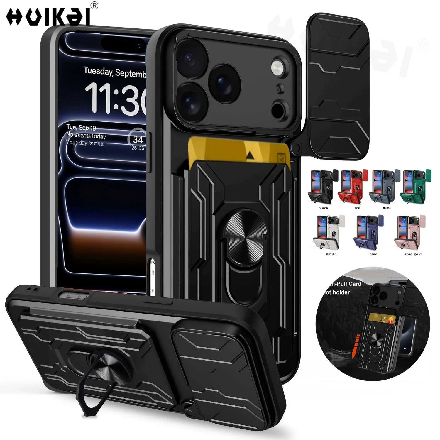 Kartenetui für iPhone 17 Pro Max 17e 16 Pro 15 14 13 mit Kameraschutzring, Ständer und Schiebe-Schutzhülle