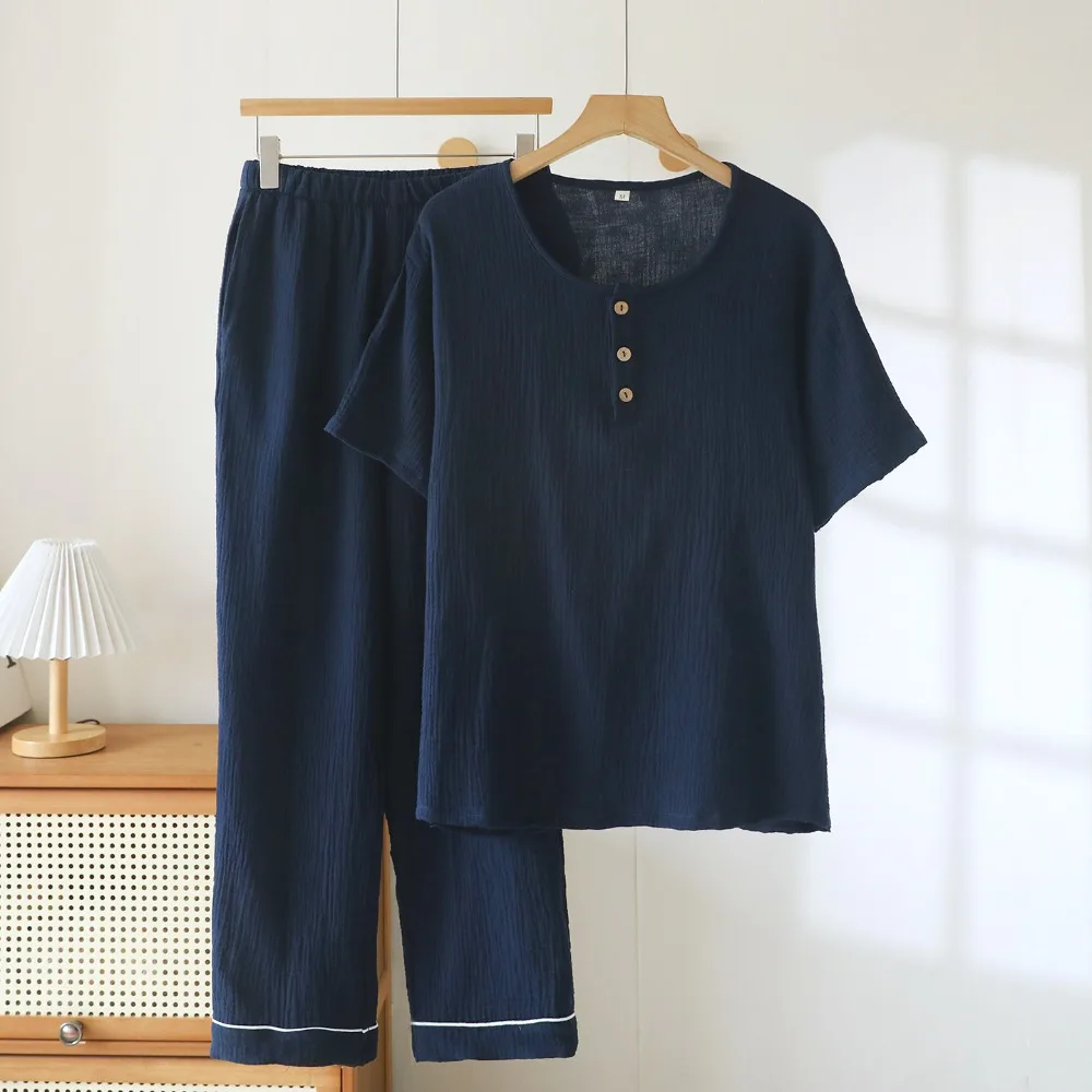 Pure Cotton Men's Pajamas Summer Short Sleeve Sleepwear Room Wear 2-Piece Pyjama Homewear Set Loose Soft Loungewear for Men