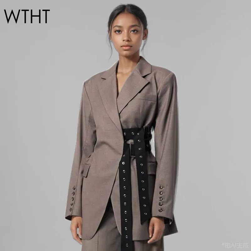 WTHT Fashion Women's Patchwork Double Belt Minority Design Blazer 2024 Autumn Trendy Long Sleeves Lapel Coat Female 1LS154