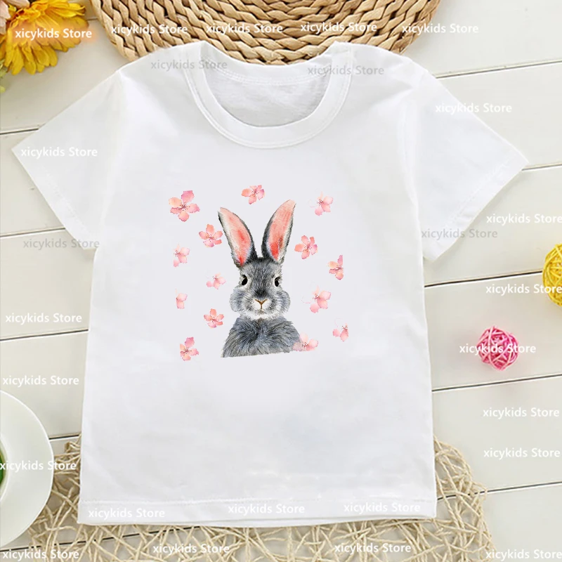 

Kawaii Girls' t-shirt Cut rabbit in flowers Animal Print Children's tshirts Summer Harajuku Girls' O-Neck Shirt Top Dropshipping