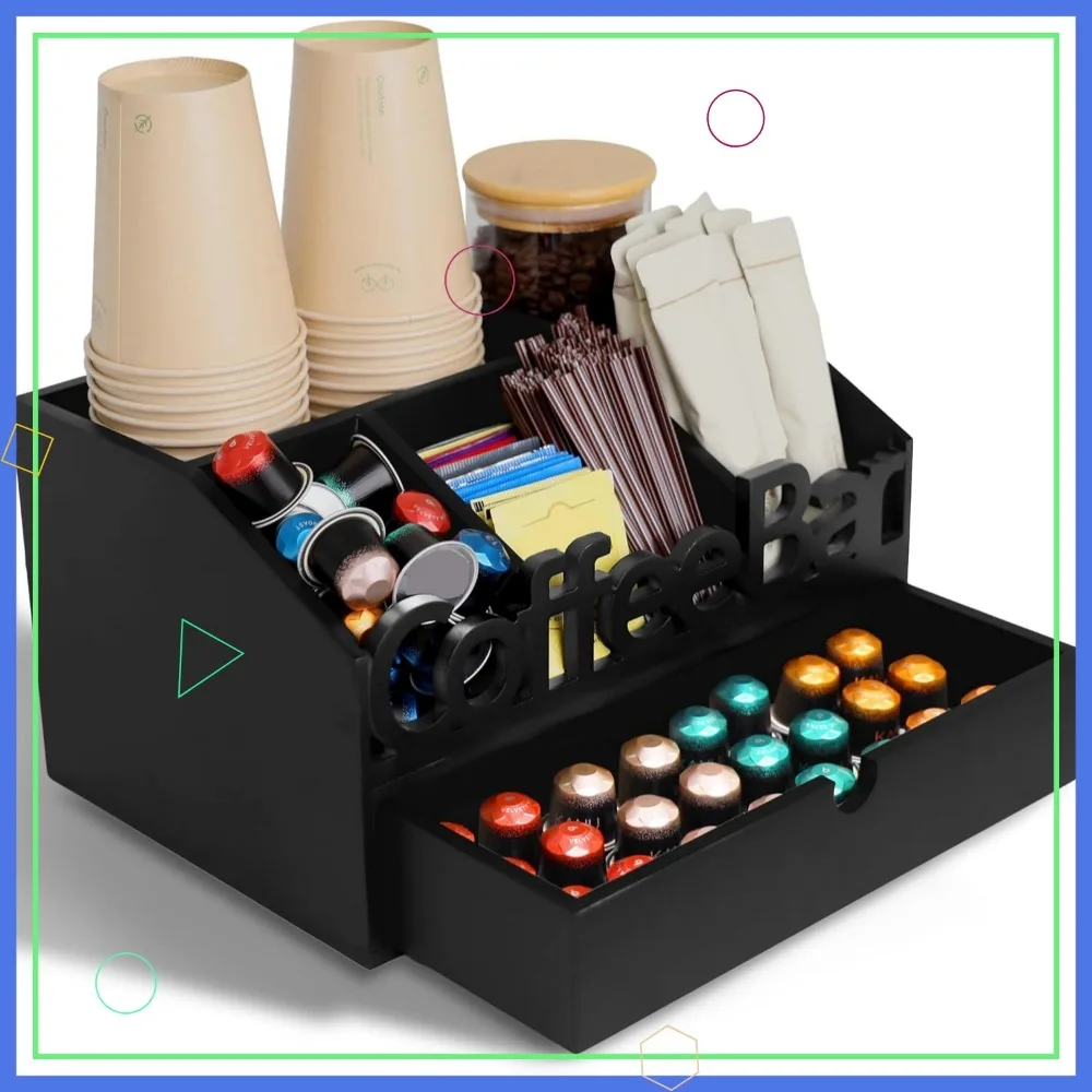 

Wooden Coffee Bar Organizer with Drawer for Countertop - Holds K Cups, Tea Bags, and More in Home or Office