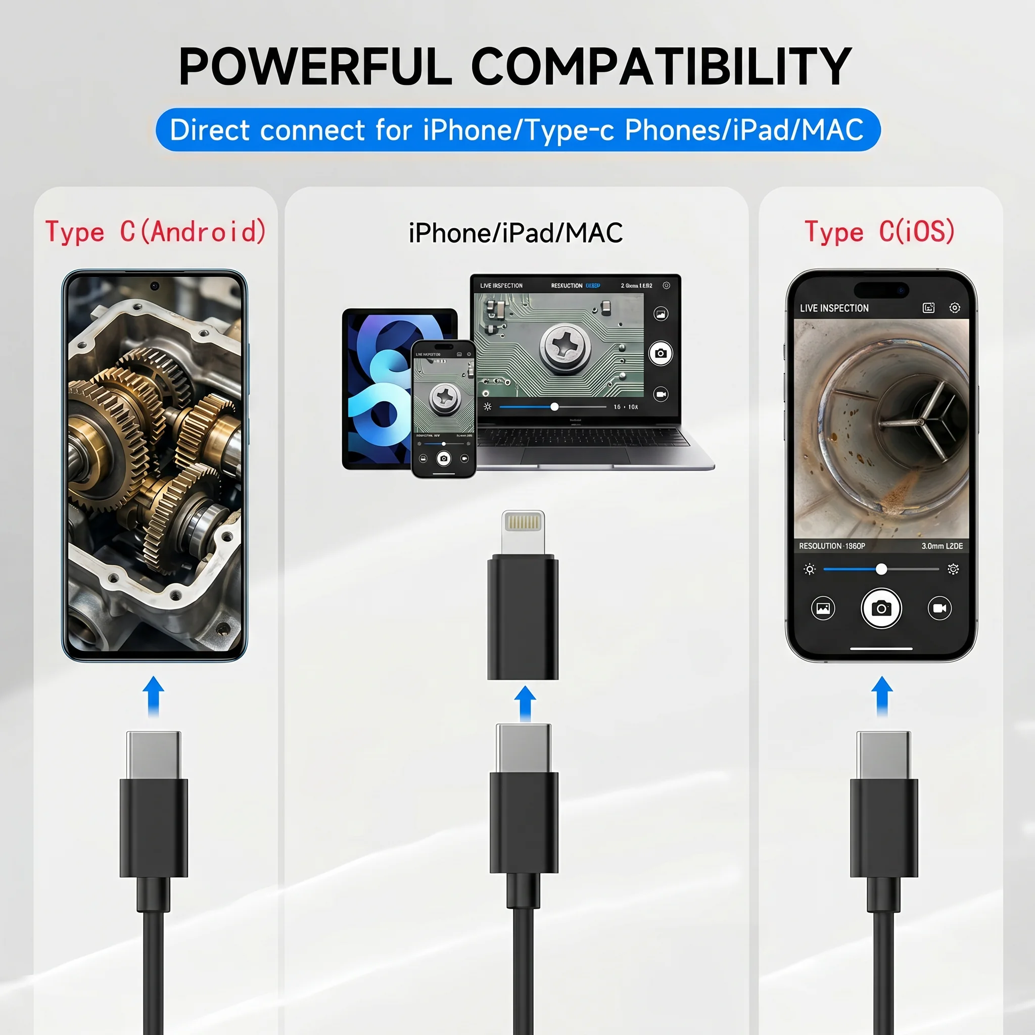 Cámara Endoscópica 3 en 1 de 8 mm, Cámara de Inspección HD 480P/960P/1080P, Mini Boroscopio Tipo-C IP67 para Android, iOS, iPhone, Automóviles y Alcantarillado