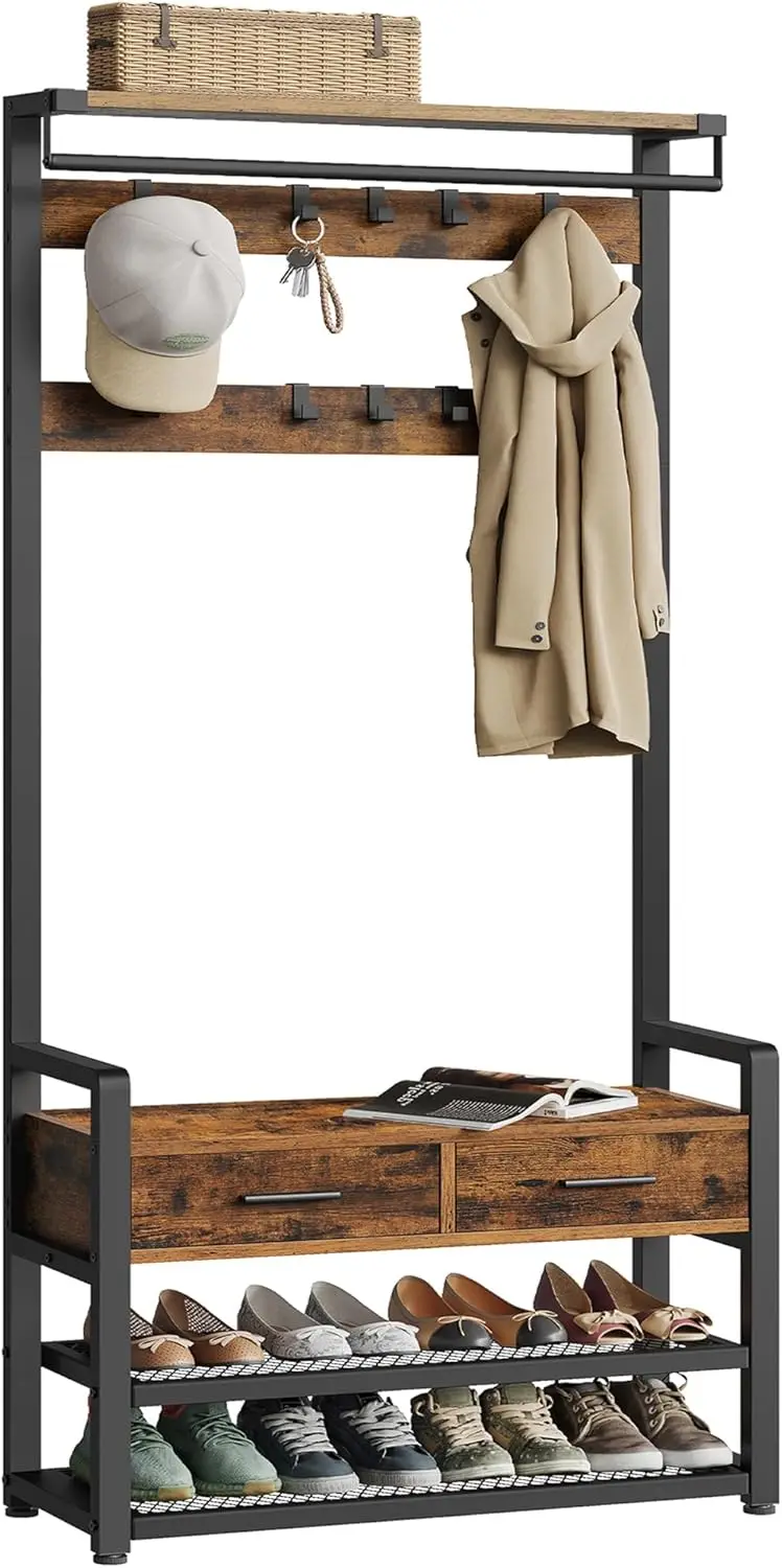 Hall Tree with Bench and Shoe Storage, Entryway Coat Rack with Shoe Bench, 2 Fabric Drawers, 10 Hooks, 11.8 x 31.7 x 71.5 Inches