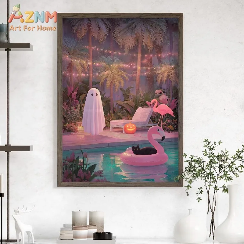 Halloween Canvas Poster, Cute Ghost By Pool with Flamingo Float, Black Cat and Jack-o-Lantern, Unframed Print for Home Wall Deco
