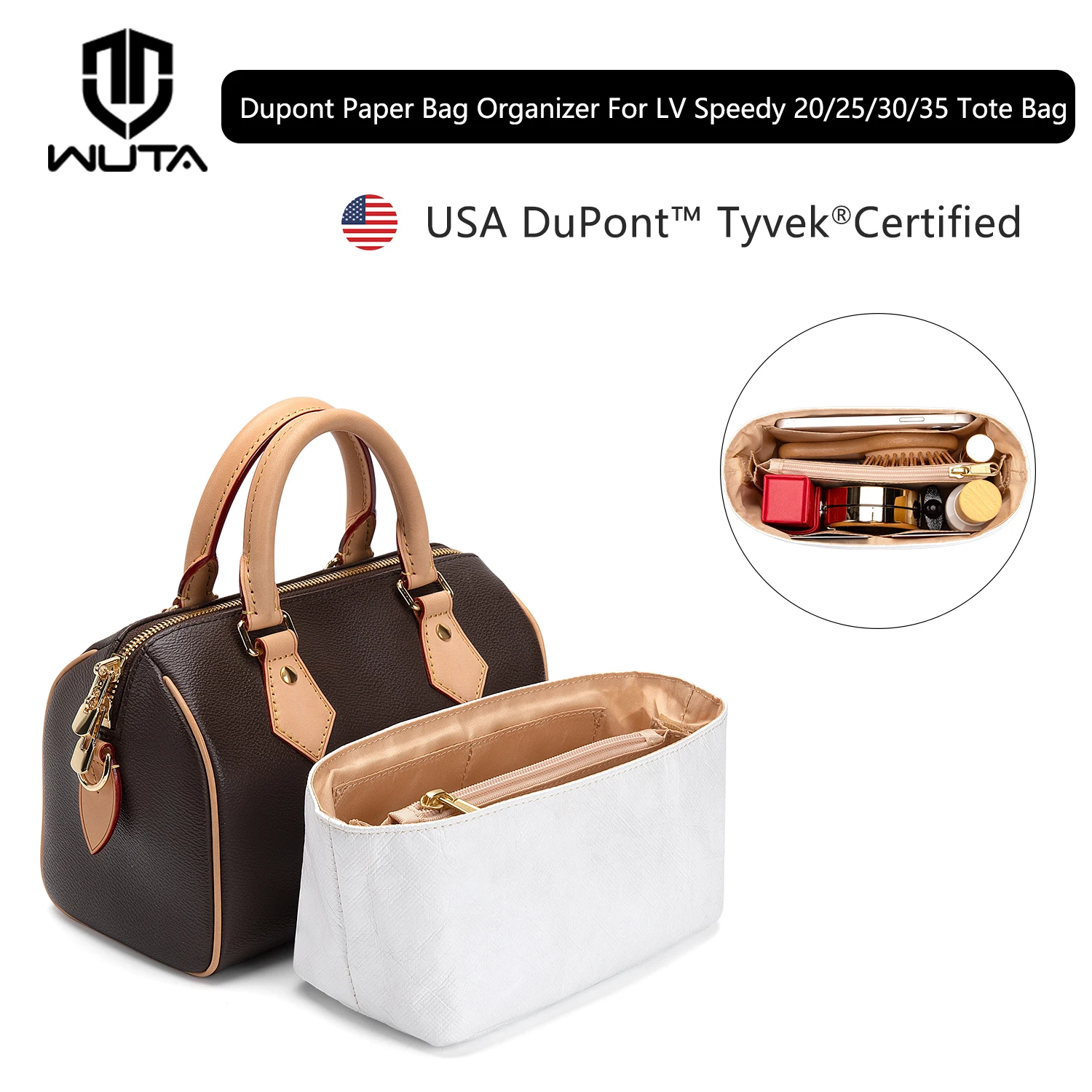 WUTA dupont saco de inserção de papel organizador para lv speedy 20 25 30 35 bolsa interna shaper viagem armazenamento portátil sacos cosméticos