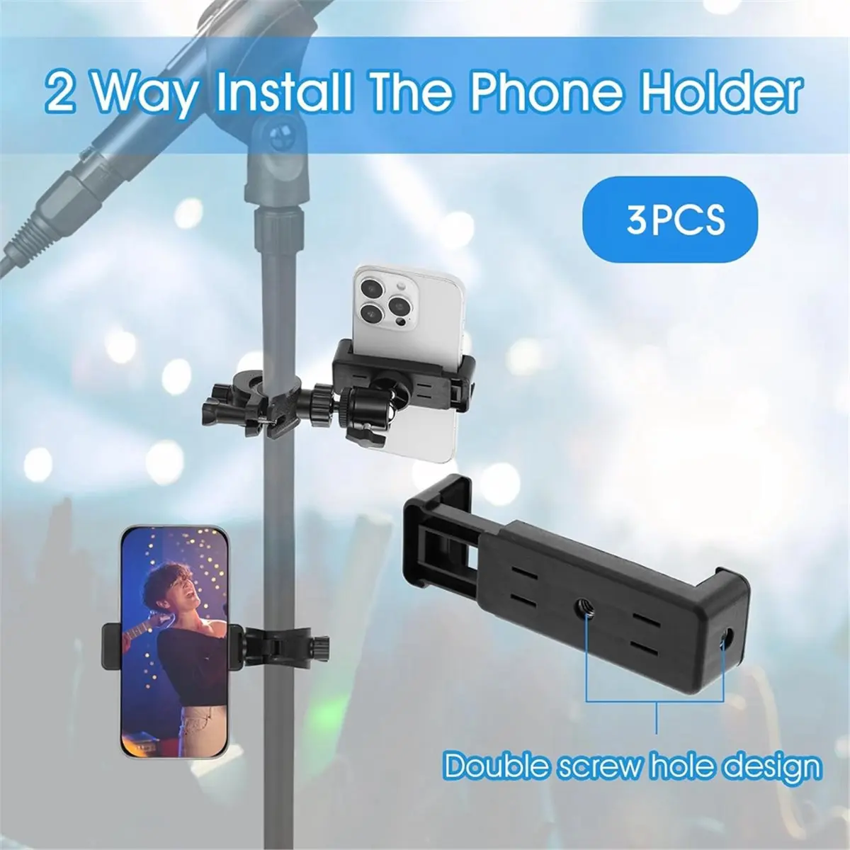 3 Pack Phone Holder for Microphone Stand, Adjustable Mic Stand Phone Holder 360° Swivel for Most Model Smart Phones