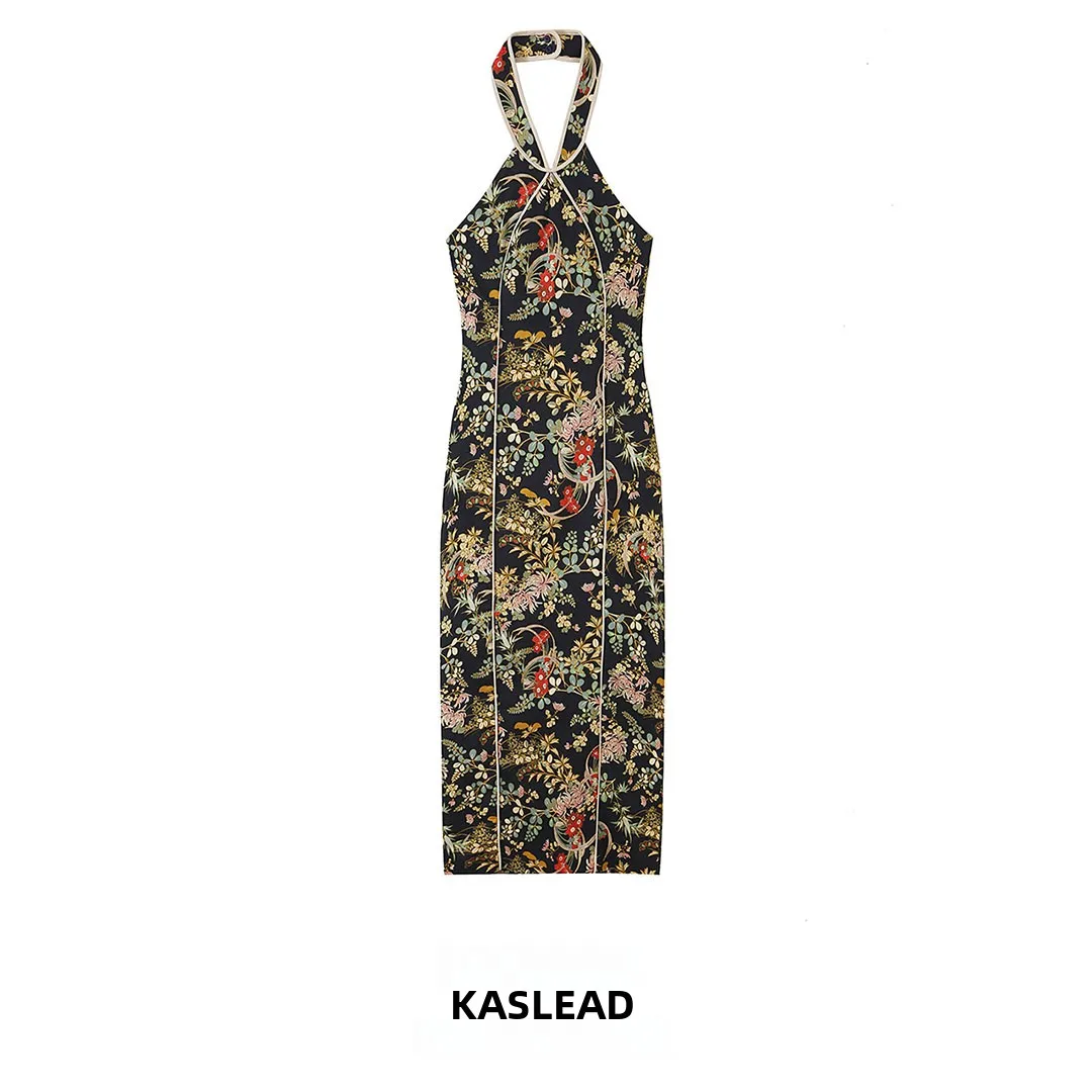 KASLEAD Women's Printed Gown Hanging Collar Dress Stylish European Style Polyester Fabric Straight Tube Dress for Ladies