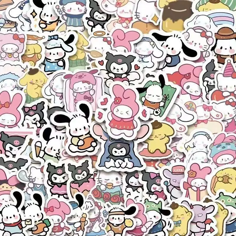 107pcs Hand-painted Sanrio Stickers Cartoon Cute Notebook Ledger Decoration Stickers Kuromi Cinnamoroll Cross Dressing Stickers