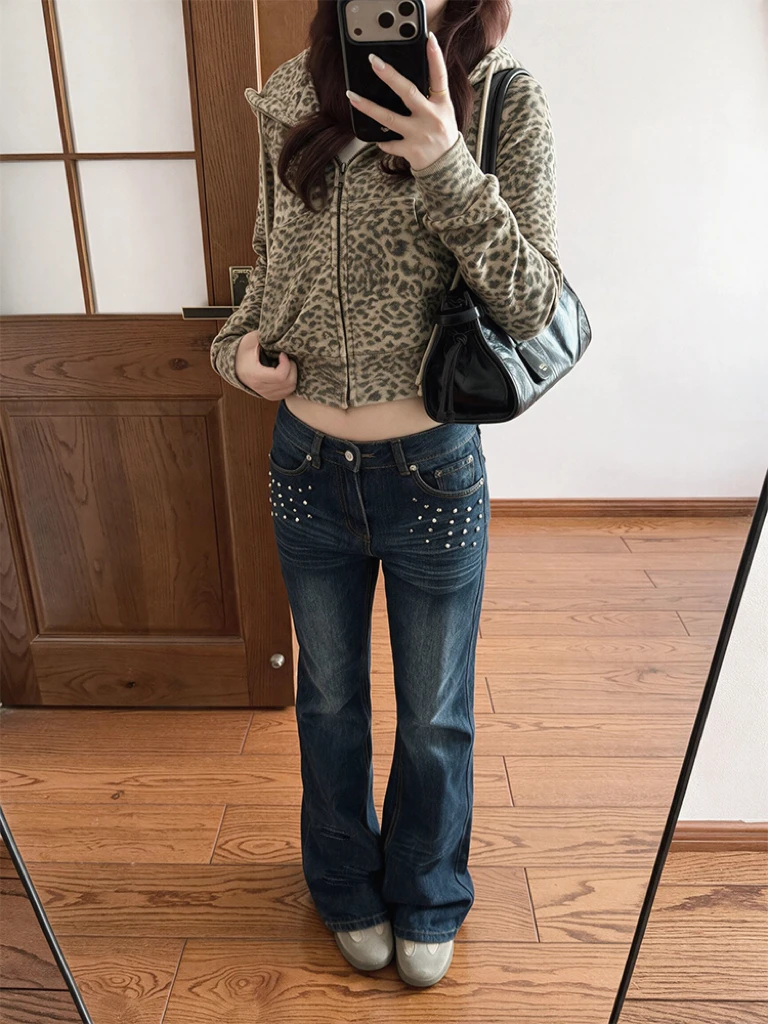 Retro American Large Size Jeans Women's Micro Flare Long Pants Slimming Casual Trousers Washed Rivet Denim High Waist Straigh...
