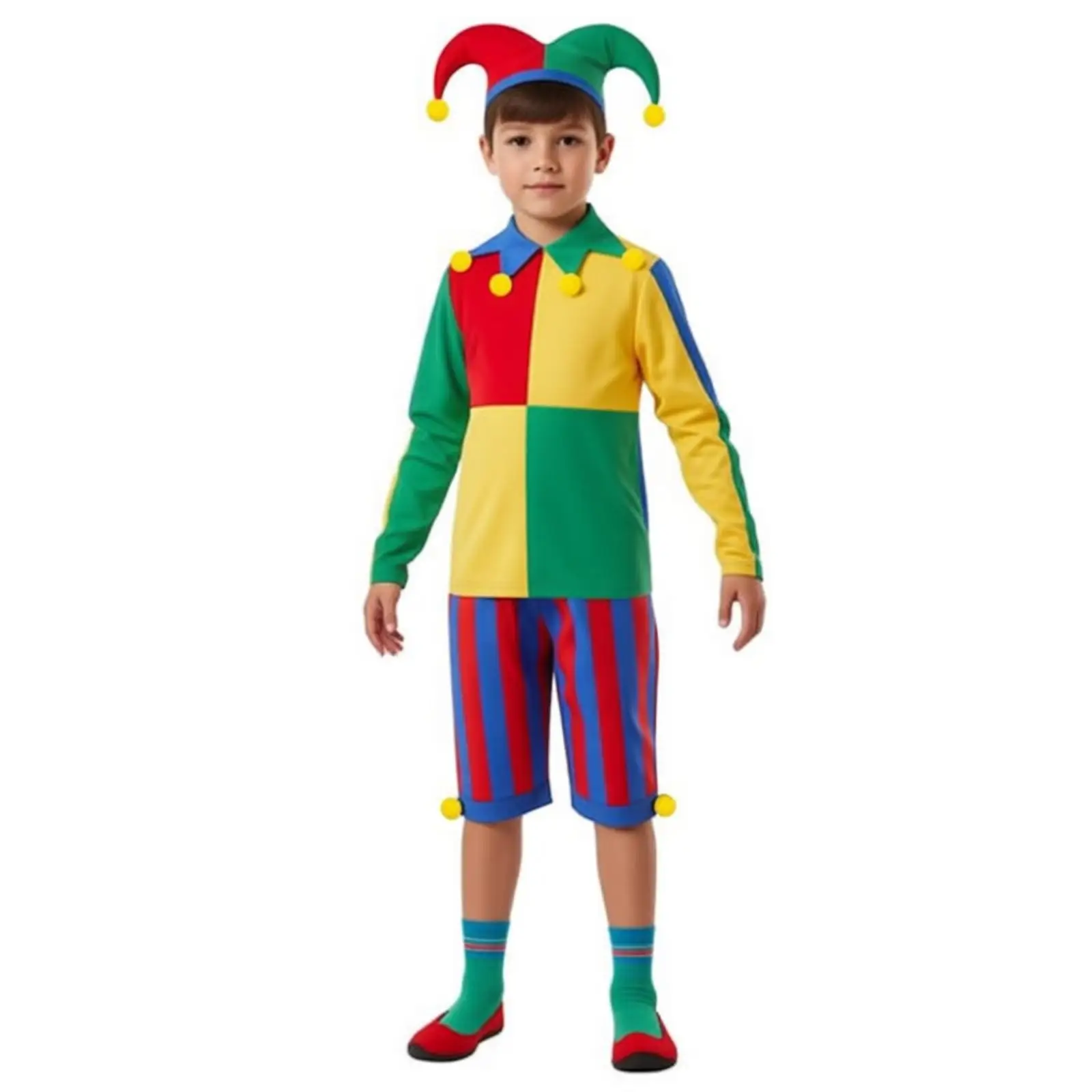 Clown Costume Halloween Evil Jester Twisted Circus Fancy Dress Long Sleeve Top with Stripe Shorts Clown Hat Stage Performance