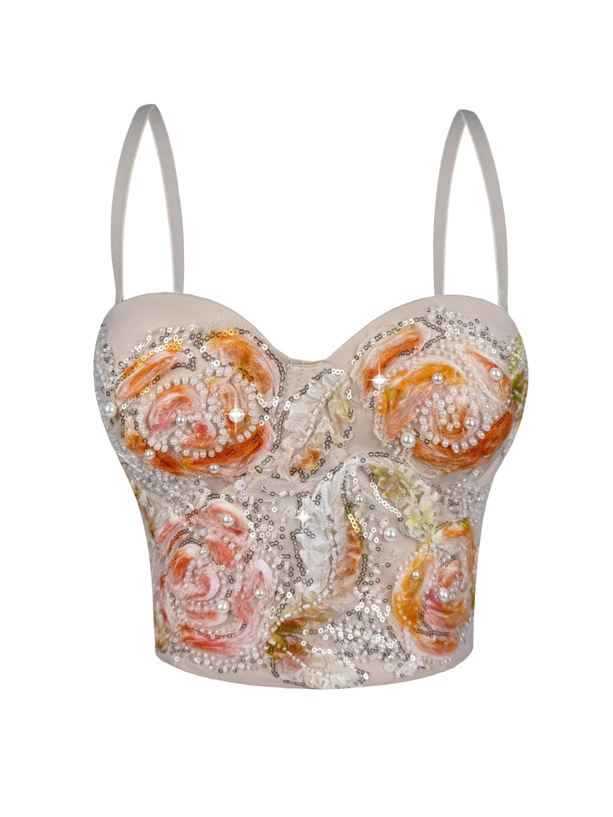 

SsTss Sexy Sequins Pearls Embroidery Floral Tank Top Women Summer Chic Sleeveless Fishbone Slim Push Up Bustier Bra Club Camis