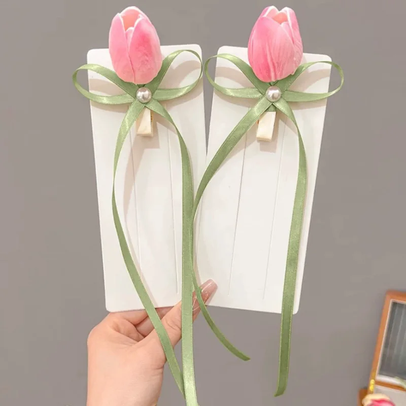 

Tulip Flower Hair Clip for Girls Side Bangs Bow Tie Ribbon Double Ponytail Hairpins Female Hair Accessories