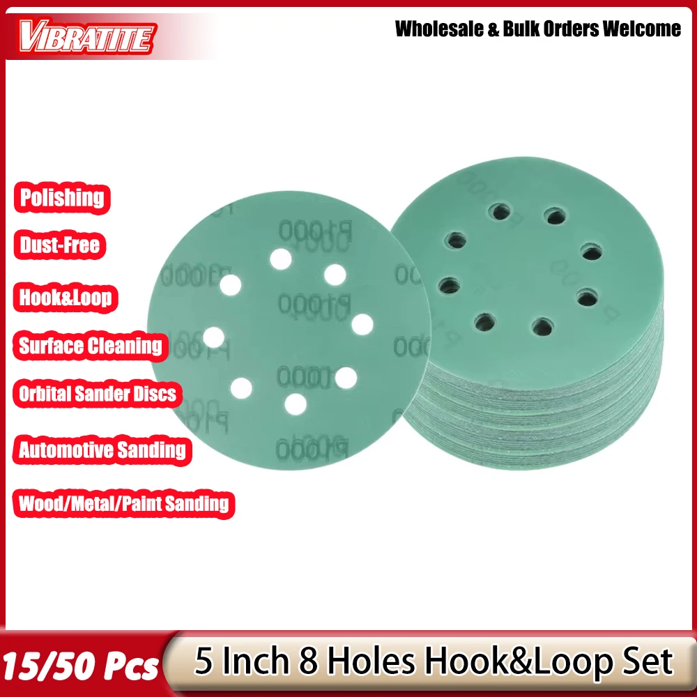 

15/50Pcs 5Inch 8Holes Green Sanding Discs Polyester Film-Backed Hook&Loop Sandpaper for Automotive Paint Wood Metal Grinding