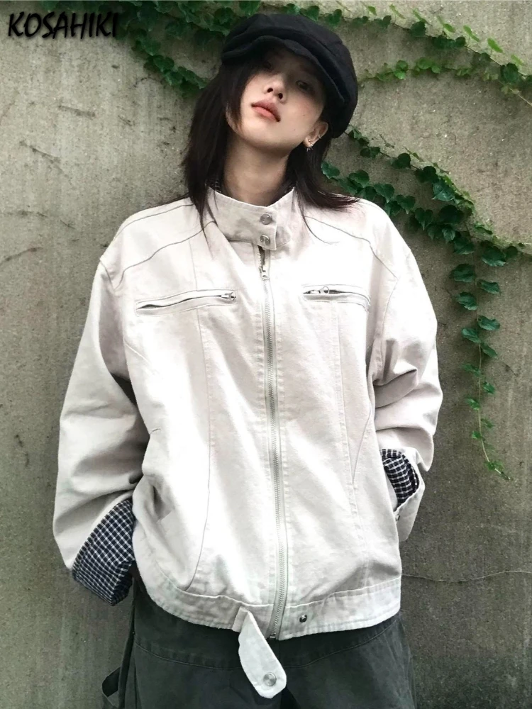 

Streetwear Plaid Patchwork Vintage Grunge Coats Y2k Aesthetic Zipper Loose 2026 Turn Down Collar Casual Harajuku s