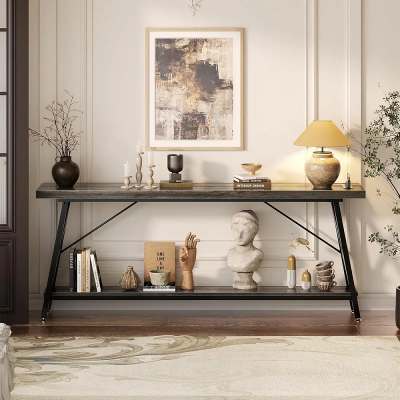70.9 Inch Extra Long Console Table with Charging Station & Storage Shelf - Industrial Style Sofa Table Behind Couch