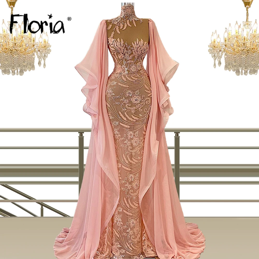 Robe de Soirée de Forme Sirène en Dentelle Rose, Tenue à Manches sulf, Volants, Cape, Arabe, Aso Ebi