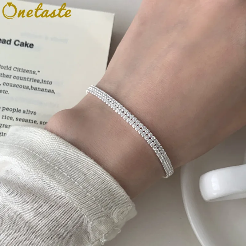 

925 Sterling Silver Cubic Zirconia Double Row Womens Tennis Bracelets Dainty Trendy Sparkle Stackable Bracelet Her Love Gift