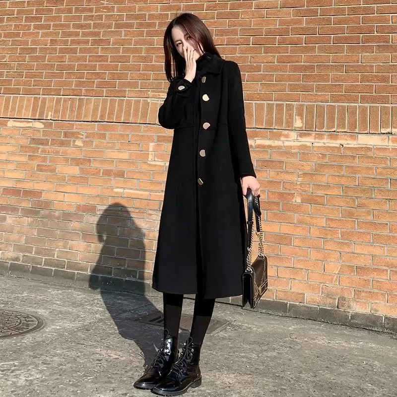 

2022 New Korean Women's Black Woolen Coat Autumn Winter Long Slim Single-breasted Outwear Female Wool Overcoat Jacket A600