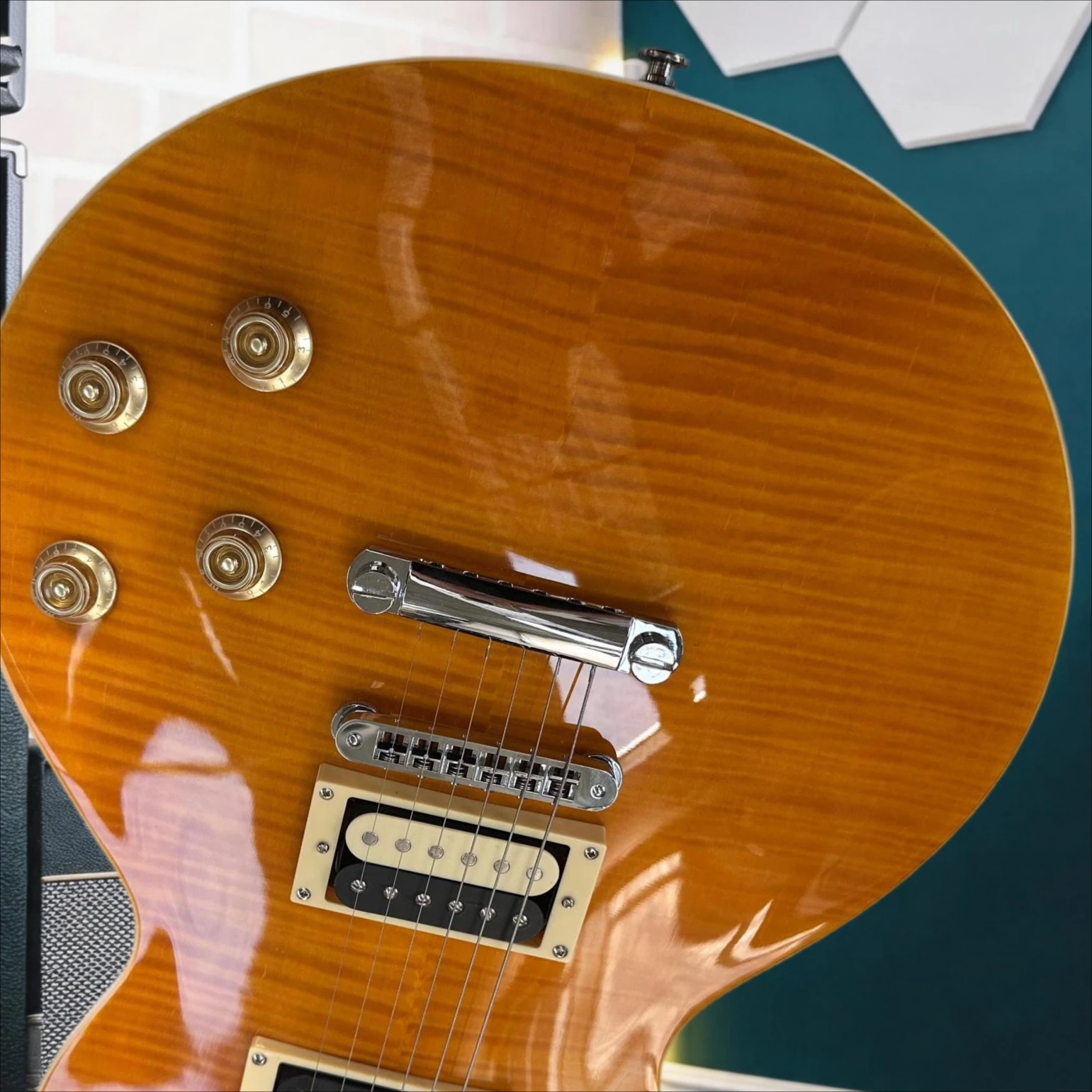 Amber Flame Top LP Style Electric Guitar, Dual Humbucker Vintage Solid Body Rock Guitar