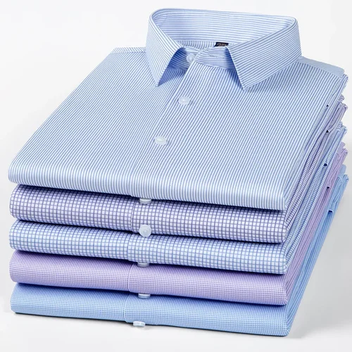 Camisas elásticas de manga larga de alta calidad para hombres, camisa formal ajustada, ropa de oficina a cuadros, tops de negocios de fácil cuidado de pata de gallo