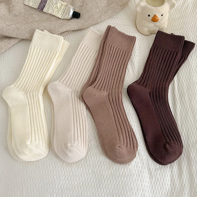 New Women\'s Socks Autumn Fashion Solid Color Korean Socks Breathable Casual Striped Simple Casual Candy Color Crew Socks Female