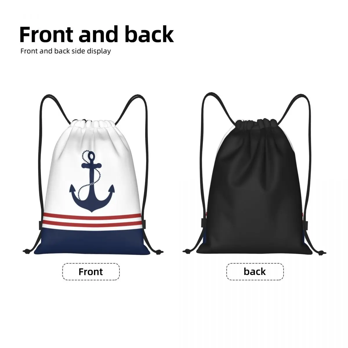 Nautical Navy Blue Anchor With Stripes Drawstring Backpack Women Gym Sport Sackpack Portable Sailing Sailor Training Bag Sack