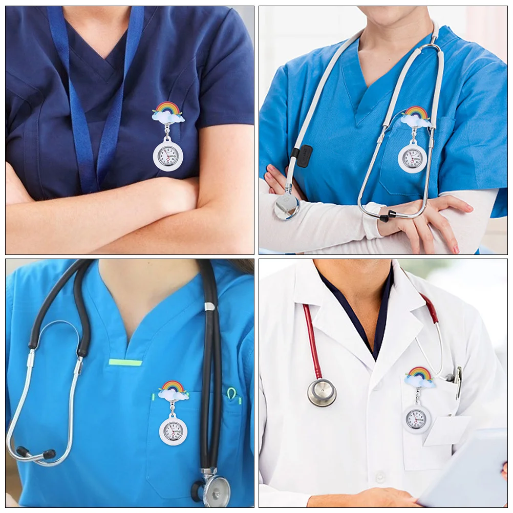 

2pcs Luminous Nurse Watch Waterproof Rainbow Pattern Silicone Clip-On Pocket Watch For Doctors Nurses Quartz Movement