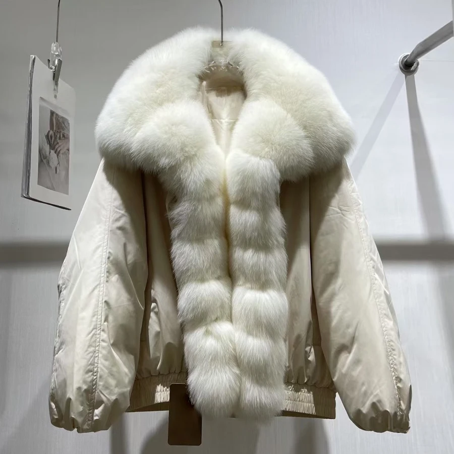 Chaqueta de plumón negra con cuello de piel de zorro, ropa de otoño e invierno para mujer, chaqueta corta de piel de zorro auténtica, chaqueta acolchada de piel Natural a la moda