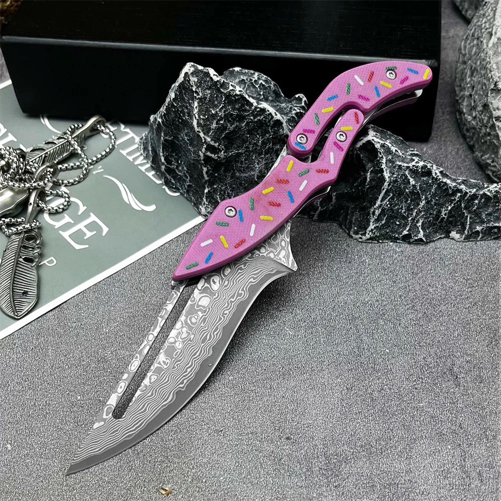 

Portable Donut Warrior Folding Pocket Knife Damascus Steel Blade G10 Handle EDC Outdoor Camping Hunting Cutting Survival Tools