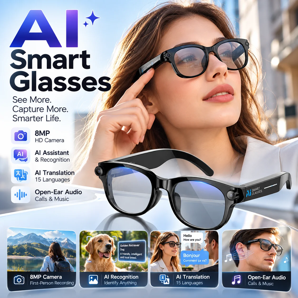 AI Smart Glasses with 8MP Camera, Smart Translation, AI Recognition, Open-Ear Audio, Bluetooth Calls, Music & LED Light