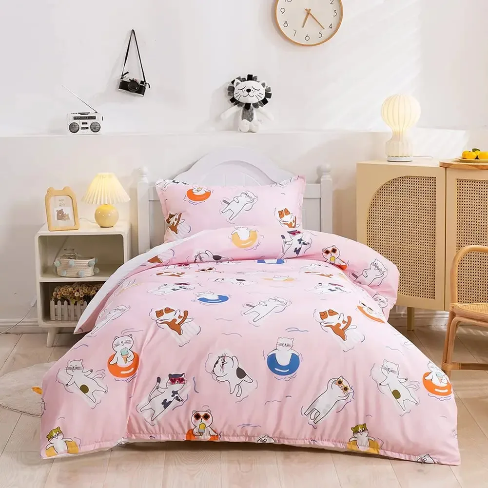 Cartoon Cat Duvet Cover Set Pet Cat Comforter Cover Cute Kitten Neon Light Bedding Set 3D Cat Lover's Bedspread Cover